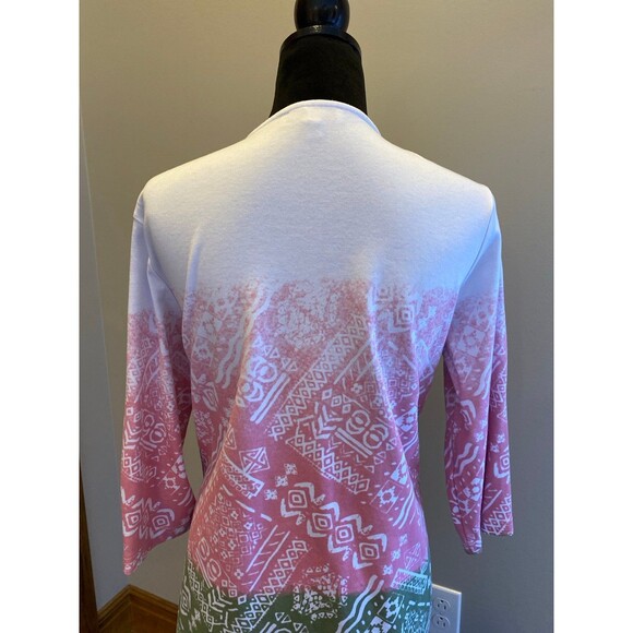 Southern Lady Blouse Sz Large Top White Pink Green Design + Stretch Casual Long - Picture 6 of 10